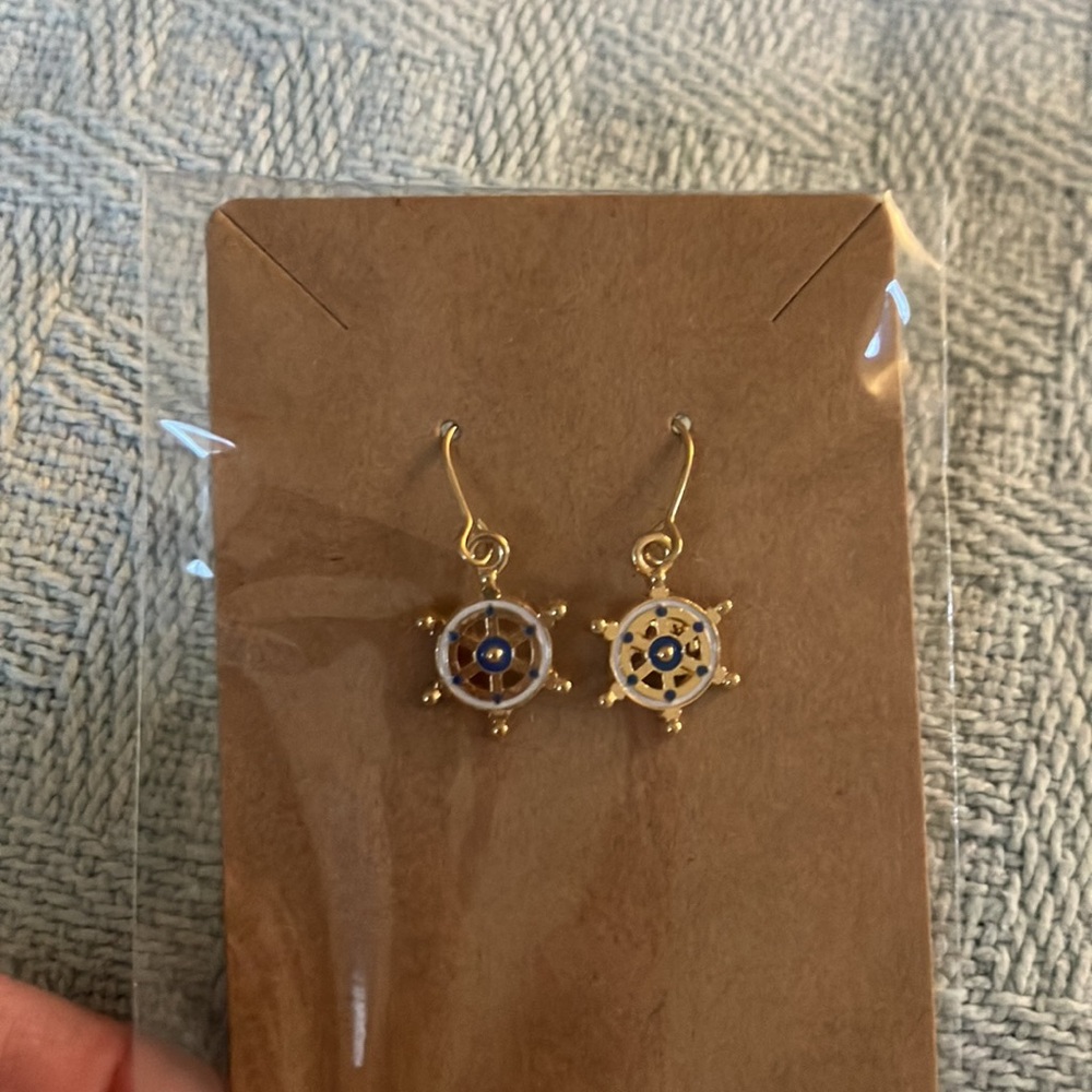 Gold and Blue Nautical Wheel Earrings